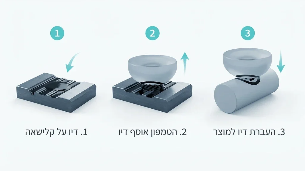 Explanation of the pad printing process, showing the silicone pad pressing onto a metal cliche. תהליך העברת דיו באמצעות כרית סיליקון גמישה על גבי גלופה תעשייתית