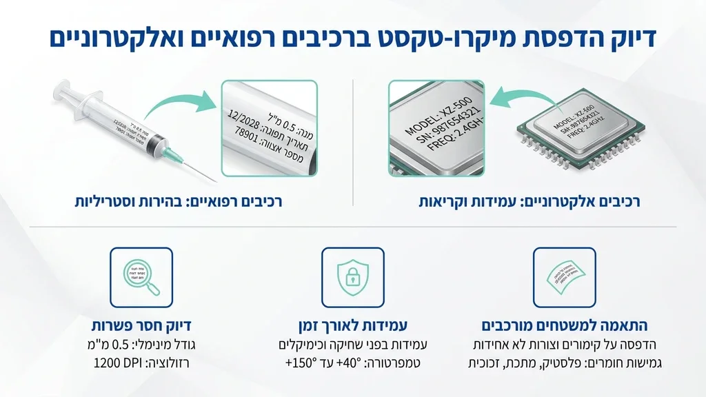 Medical or electronic components that have been pad printed with tiny, precise text. רכיבים אלקטרוניים זעירים מסומנים ברזולוציה גבוהה